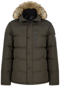 Olivgrüner Pufferjacke mit einer mit Fell besetzten Kapuze, einer Reißverschlusstasche auf der Brust und einem strukturierten Steppdesign an Ärmeln und Körper.