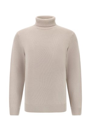 Maglione a collo alto beige realizzato in tessuto a maglia testurizzato. Presenta maniche lunghe e polsini e orlo a coste, offrendo un aspetto aderente.