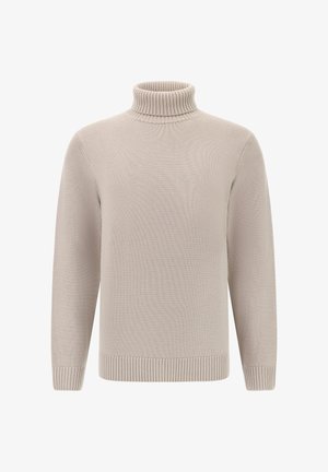 Beżowy sweter typu golf wykonanego z textured wełny. Posiada długie rękawy oraz ściągacze przy rękawach i u dołu, co zapewnia dopasowany wygląd.