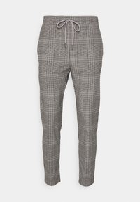 Grijze geruite broek met een elastische tailleband en trekkoord, met een getailleerde pasvorm en een gladde stoftextuur.