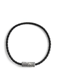 Black braided leather bracelet with a silver magnetic clasp featuring embossed decorative patterns.