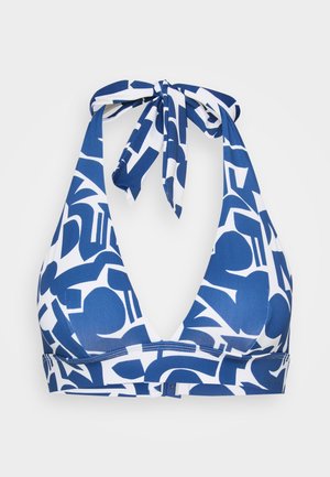 Top de bikini bleu et blanc avec un design à col halter, présentant des formes et des motifs abstraits, fabriqué en tissu extensible.