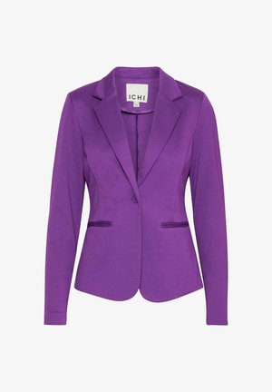 Blazer violet avec un design structuré, doté de revers crantés, de deux poches avant et d'une fermeture à un bouton, fabriqué à partir d'un tissu texturé.