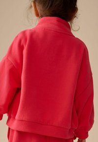 Sweat-shirt rose vif avec un col montant, coupe ample, poignets et ourlet côtelés. Texture lisse avec des coutures minimales, vu de dos.