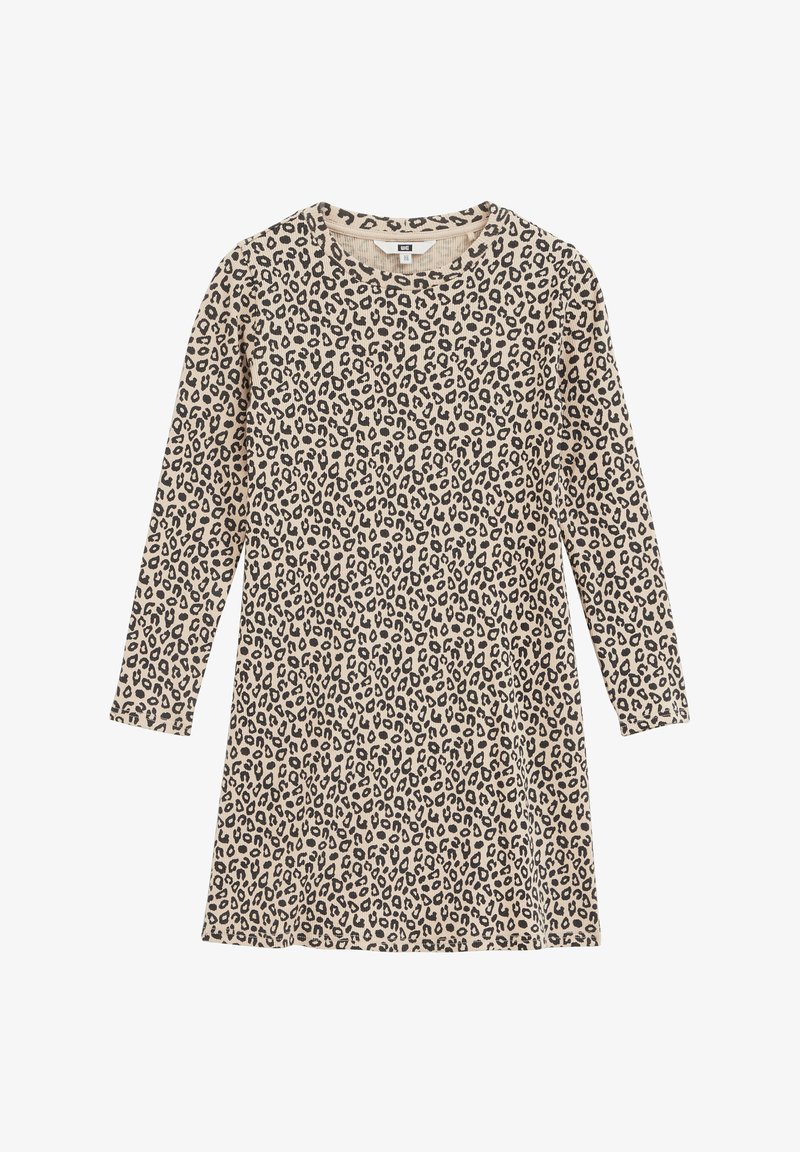 Robe beige à manches longues avec un imprimé léopard noir et marron sur toute la surface et un col rond.