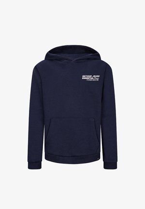 Dunkelblaues Kapuzensweatshirt aus einem Baumwollmischmaterial. Verfügt über eine Fronttasche, gerippte Bündchen und Textbranding auf der oberen Brust.