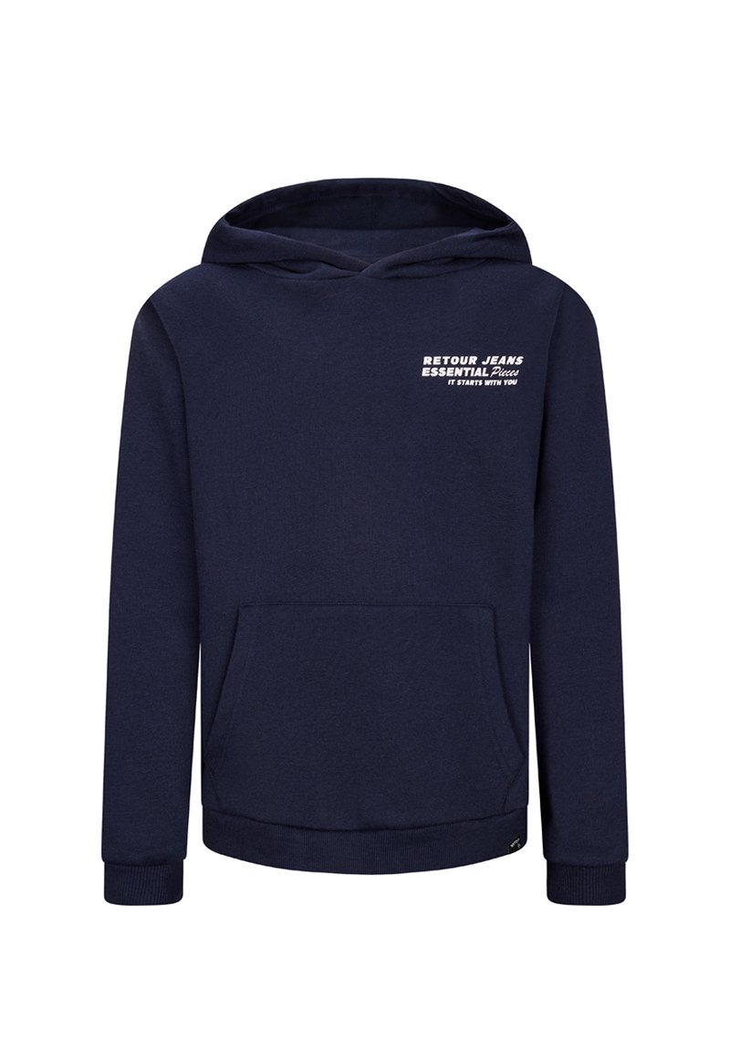 Felpa con cappuccio blu navy in misto cotone. Presenta una tasca frontale, polsini a coste e un logo testuale nella parte superiore del petto.