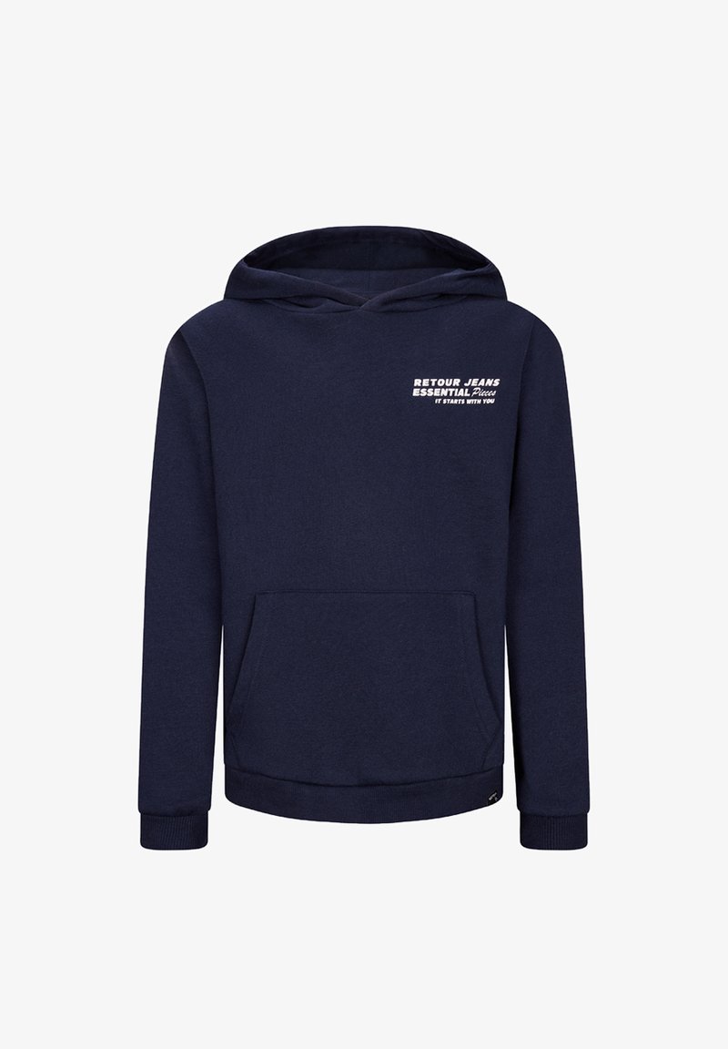 Felpa con cappuccio blu navy in misto cotone. Presenta una tasca frontale, polsini a coste e un logo testuale nella parte superiore del petto.