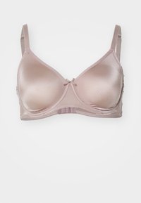 Light pink satin bra with smooth cups and adjustable straps. Features a small bow detail at the center and a seamless design.