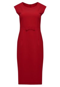 Rotes, tailliertes Kleid mit Kurzärmeln, einer Schleifendetail an der Taille und seitlichen Taschen. Glatter Stoff mit einem knielangen Saum.