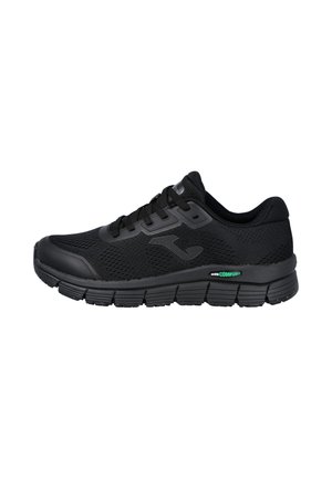Zapatilla deportiva negra con parte superior de malla, diseño de cordones, suela acolchada etiquetada como extra comodidad y una suela exterior de goma texturizada.