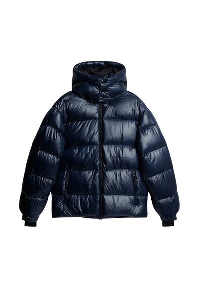 Navy blue puffer jacket with a high collar, zip closure, and elastic cuffs; featuring glossy, quilted texture and two front pockets.