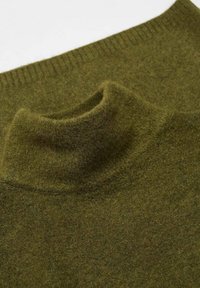 Pull vert foncé avec un col montant, fabriqué en laine douce et texturée. Présente des détails côtelés au niveau du col et un corps lisse.