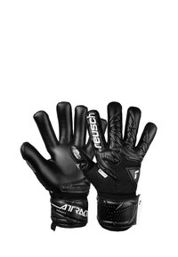 Schwarze Torwarthandschuhe mit strukturiertem Latex-Handflächen, Mesh-Akzenten, verstärkten Fingern und verstellbarem Riemen mit Markenlogo.