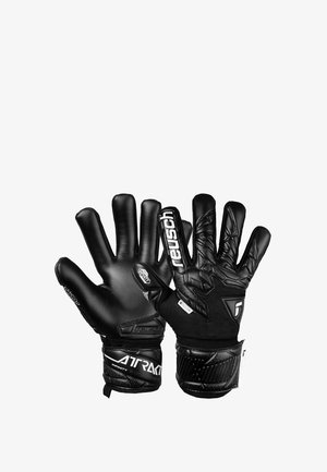 Schwarze Torwarthandschuhe mit strukturiertem Latex-Handflächen, Mesh-Akzenten, verstärkten Fingern und verstellbarem Riemen mit Markenlogo.