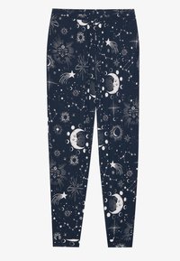 Pantalons bleu marine avec des motifs célestes blancs, comprenant des soleils, des lunes et des étoiles. Tissu doux avec une taille élastique pour le confort.