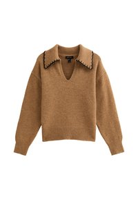 Maglione marrone a maniche lunghe con scollo a V profondo e collare ampio, caratterizzato da dettagli cuciti neri.