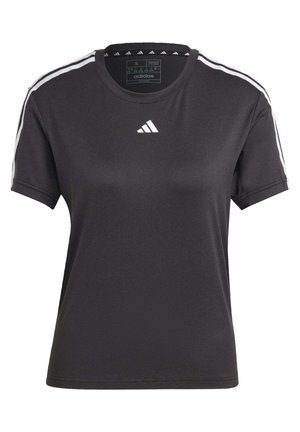 Čierne tričko s krátkym rukávom vyrobené z ľahkého materiálu, s bielymi pruhmi na pleciach a logom Adidas na hrudi.