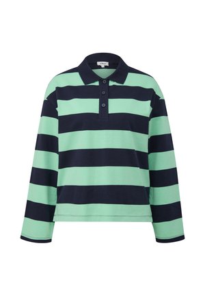 Polo met lange mouwen met brede horizontale strepen in muntgroen en donkerblauw en een drieknopensluiting.