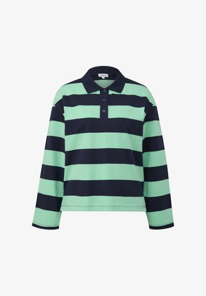 Langärmeliges Polohemd mit breiten, horizontalen Streifen in Minzgrün und Marineblau sowie einer Knopfleiste mit drei Knöpfen.