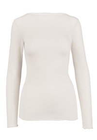 Maglietta a maniche lunghe di un crema chiaro, realizzata in un tessuto morbido e elasticizzato. Presenta una ampia scollatura rotonda e una silhouette aderente con orli a taglio vivo.