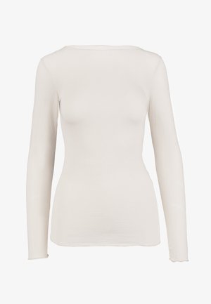 Langärmliges Oberteil in Hellcreme, aus weichem, dehnbarem Material gefertigt. Verfügt über einen weiten Rundhalsausschnitt und eine enganliegende Silhouette mit rohen Kanten.