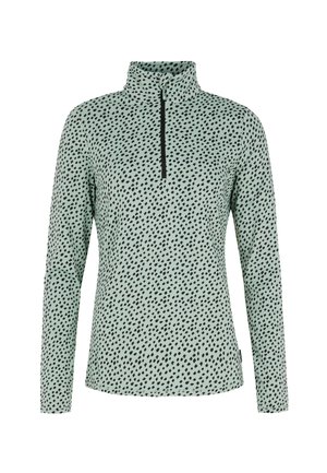Sudadera de manga larga con cremallera en verde claro con manchas negras dispersas, hecha de una tela suave con cuello y cierre de cuarto con cremallera.