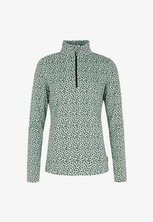 Langarm, ritssluiting pullover in lichtgroen met zwarte vlekken, gemaakt van zachte stof met een kraag en een kwart-rits aan de voorkant.