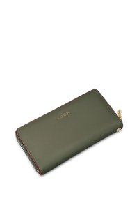 Olive green faux leather wallet with red stitching, gold logo "VUCH," and a side zipper. Compact rectangular shape, smooth texture.