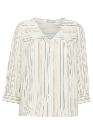 Bluză ușoară cu nasturi, cu decolteu în V, având dungi verticale în nuanțe de bej, gri și roz pal; mânecă până la 3/4 cu detalii la mansete.