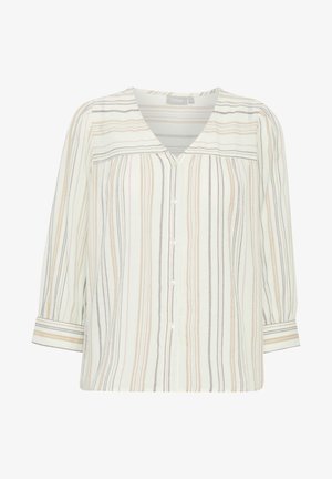 Blusa ligera de botones con escote en V, con rayas verticales en beige, gris y rosa suave; manga 3/4 con detalles en los puños.