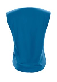 Blue sleeveless top with a smooth texture, featuring a rounded hem and a simple, minimalist design. No visible hardware or patterns.