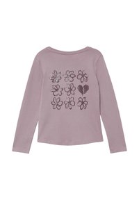 Lange mouwen, lila shirt met een bloemenprint en glinsterende accenten in een ruitpatroon op de achterkant. Zacht, lichtgewicht materiaal.
