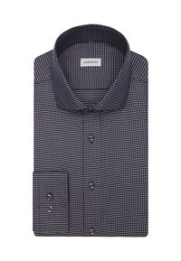 Camicia da uomo a fantasia scura con colletto all'inglese, apertura frontale con bottoni e polsini doppi, piegata ordinatamente.