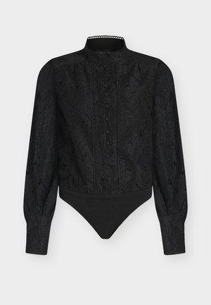 Black lace bodysuit featuring long sleeves, a high collar, and button detailing down the front with a solid black bottom section.