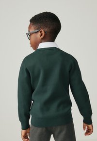 Dunkelgrüner Pullover mit Rundhalsausschnitt, langen Ärmeln und geripptem Saum, über einem weißen Hemd mit Kragen getragen; glatte Strickstruktur.