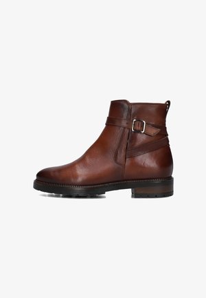 Bordeaux leren enkellaarzen met een ronde neus, een zijgesp, een gestructureerde afwerking en een duurzame zwarte rubberen zool.