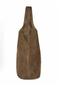 Brązowa zamszowa torba na ramię z pojedynczym, szerokim paskiem i gładką fakturą. Charakteryzuje się prostym designem z centralnym szwem z tyłu.