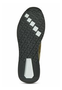 Semelle de chaussure en caoutchouc noir avec motif texturé et détails en accent blanc ; taille 42 marquée sur la zone du talon.
