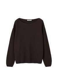 Pull en maille brun foncé à manches longues et col rond, présenté sur fond blanc.