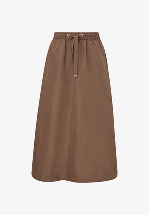 Bruine A-lijn rok met elastische tailleband en vetersluiting aan de voorkant, kniehoog, gladde stof.