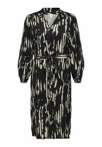 Robe noire et crème à motifs avec manches longues, un col, un décolleté en V, une taille marquée avec une ceinture, et un devant boutonné.