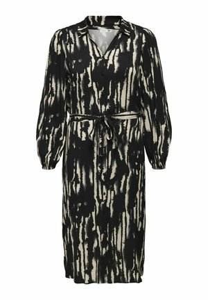 Sort og creme mønstret kjole med lange ærmer, krave, V-udskæring, en veldefineret talje med bånd og knaplukning foran.