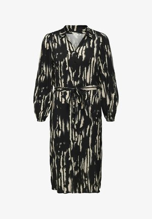 Sort og creme mønstret kjole med lange ærmer, krave, V-udskæring, en veldefineret talje med bånd og knaplukning foran.