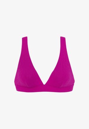 Magenta triangle bikini top with thick straps and subtle textured floral pattern on fabric, against a white background.