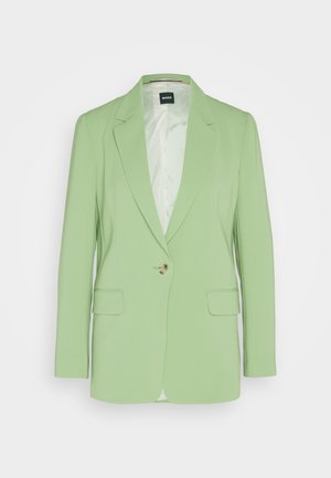 Helle grüne Blazer mit taillierter Passform, Ein-Knopf-Verschluss, Reverskragen und zwei Fronttaschen. Glattes Material mit satinierter Fütterung.