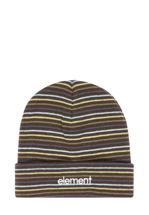 Bruine gestreepte beanie met lichtblauwe en gele lijnen. Heeft een omgeslagen rand met het 'element' logo in witte draad geborduurd.