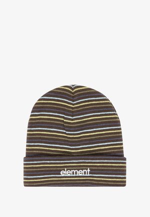 Bruine gestreepte beanie met lichtblauwe en gele lijnen. Heeft een omgeslagen rand met het 'element' logo in witte draad geborduurd.