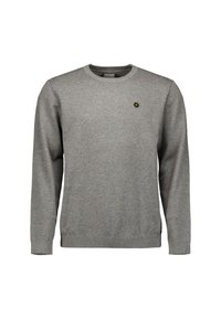Grijze lange mouwen sweater met ronde hals en een klein zwart en geel hexagonaal logo op de linkerborst.