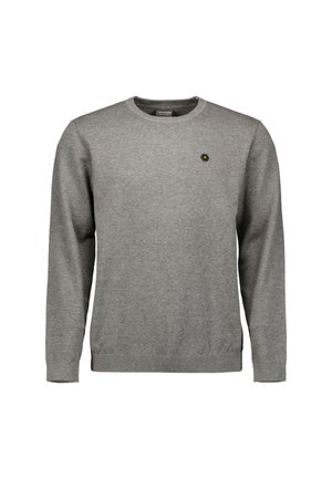 Grijze lange mouwen sweater met ronde hals en een klein zwart en geel hexagonaal logo op de linkerborst.